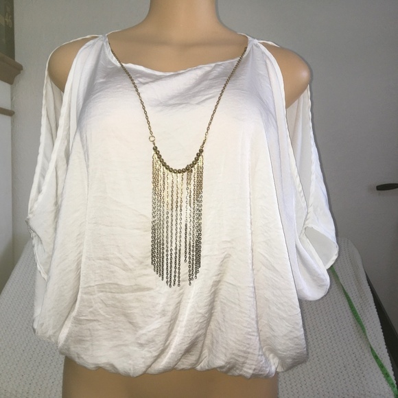 A. BYER WHITE GOLD HANGING NECKLACE, COLD SHOULDER WHITE  BLOUSE SIZE SMALL - Picture 1 of 6